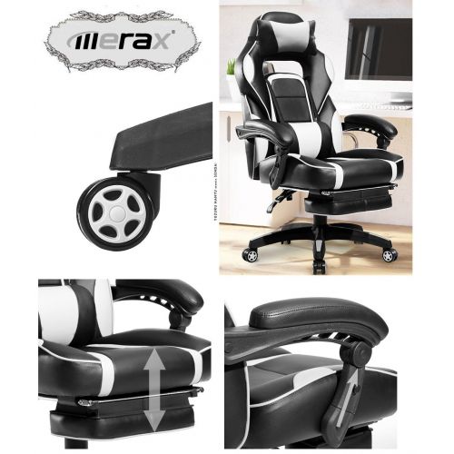  Merax PP033845 High-Back Racing, Ergonomic Gaming Footrest, PU Leather Swivel Computer Home Office Chair Including Headrest and Lumbar Support (White)
