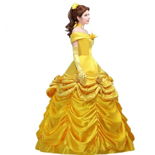  Angelaicos Womens Yellow Layered Princess Costume Dress Gloves Ball Gown