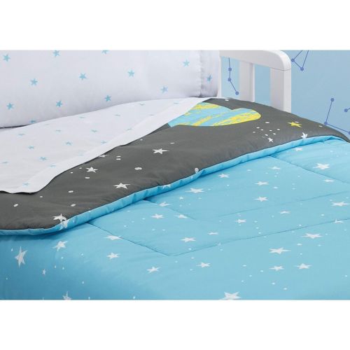  Delta Children Toddler Bedding Set | Boys 4 Piece Collection | Fitted Sheet, Flat Top Sheet w/Elastic Bottom, Fitted Comforter w/Elastic Bottom, Pillowcase, Galaxy Outer Space| Gre
