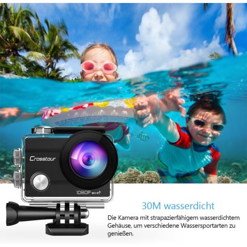  Crosstour Action Sport Cam Wifi 12MP Full HD Unterwasserkamera 2 LCD 170° Weitwinkelobjektiv Helmkamera mit 2 Akkus 1050mAh und Zubehoer Kits