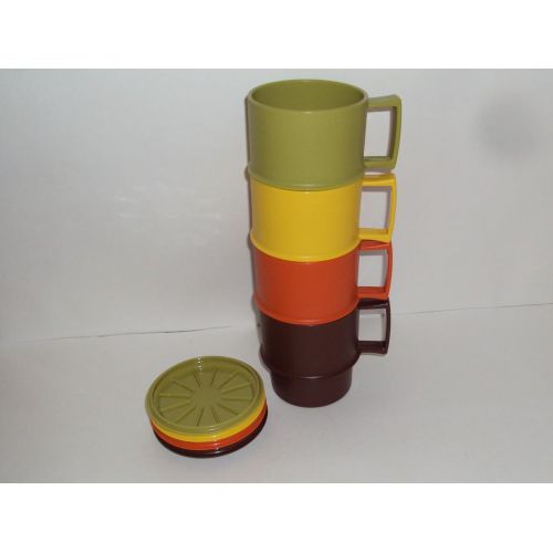  Vintage Tupperware Stackable coffee mugs with lids/coasters - Autumn Harvest - set of 4