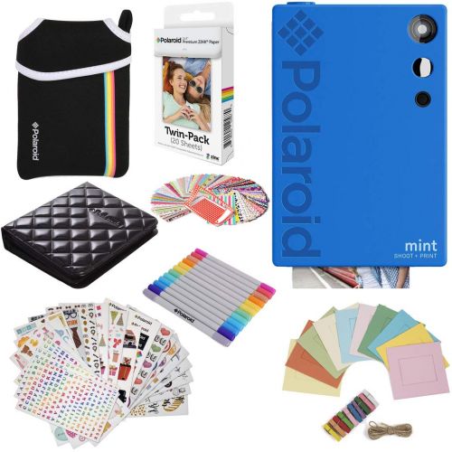 폴라로이드 Polaroid Mint Instant Digital Camera (Blue) Gift Bundle + Paper (20 Sheets) + Deluxe Pouch + 9 Fun Sticker Sets + Twin Tip Markers + Photo Album + Hanging Frames + 100 Sticker Fram