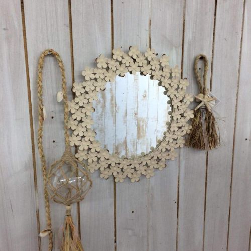  Time Concept Shabby Iron Floral Round Wall Mount Mirror - Large - Off White Frame Finish, Bathroom Vanity Decor
