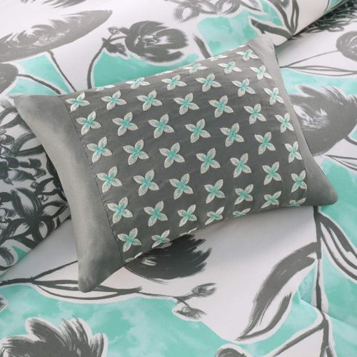  Avondale 5pc Girls Mint Grey Floral Theme Comforter Full Queen Set, Girly Flowers Pattern Solid Themed, Pretty Abstract Wild Flower Bedding, Dark Gray Seafoam Green