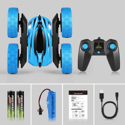  Zomma Remote Control Car RC Stunt Car, 4WD Monster Truck Double Sided Rotating Tumbling - 2.4GHz High Speed Rock Crawler Rechargeable Vehicle Toy with Headlights (Blue)