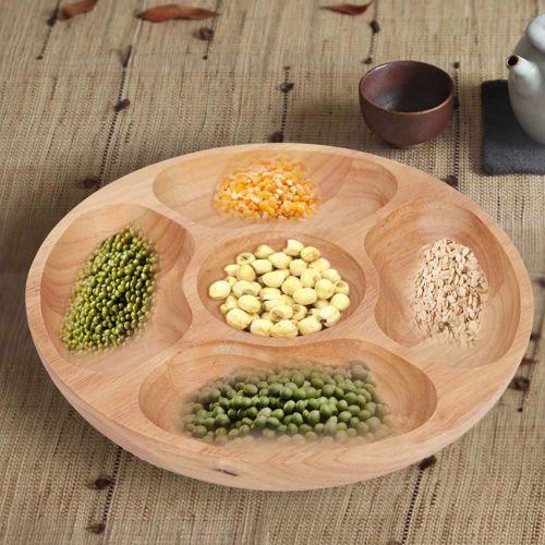  Fdit Wooden Round Shape Food Divided Plate Dessert Snack Sub-grid Dish Tableware Tray Multiple Compartments(25cm)