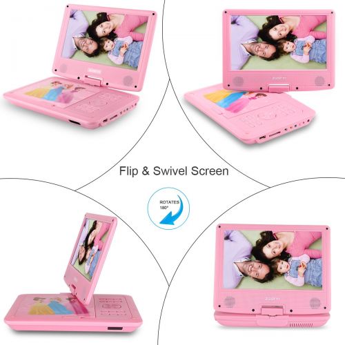  ZESTYI 9 Portable DVD Player for Kids with Car Headrest Mount Holder, Rechargeable Battery, Wall Charger, Car Charger, SD Card Slot, USB Port & Swivel Screen (Pink)