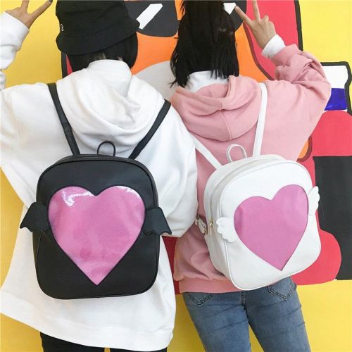  LTFT Girls Black Backpacks Cute Candy Leather Wing Backpack Transparent Love Heart Schoolbags Ita Bag White Daypack