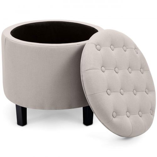  Belleze Nailhead Round Tufted Storage Ottoman Large Footrest Stool Coffee Table Lift Top, Gray