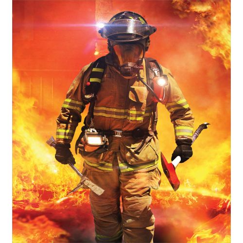  Lunarable Fireman Duvet Cover Set, Firefighter in a Building on Fire Searching for Survivors Emergency Services, Decorative 2 Piece Bedding Set with 1 Pillow Sham, Twin Size, Red O