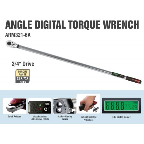  ACDelco Tools ARM321-6A 73.8-738 ft-lbs 34 Angle Electronic Digital Torque Wrench with Buzzer, Vibration & Flashing Notification
