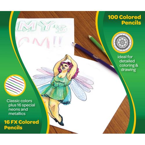  Crayola 100Count Colored Pencils with 16Count Color Fx Metallic & Neon, Amazon Exclusive, Great For Coloring Books, Gift (Amazon Exclusive)