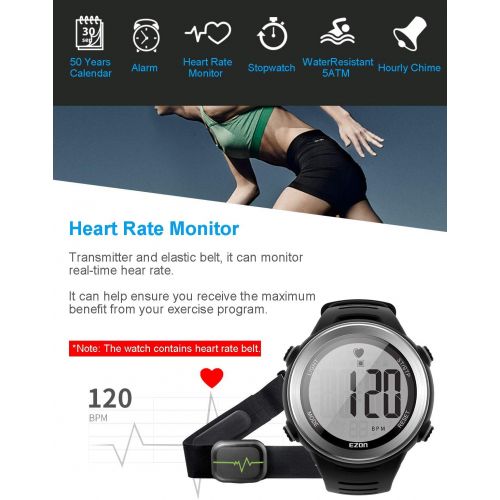  EZON Heart Rate Monitor Running Sports Watch with HRM Chest Strap,Waterproof,Stopwatch,Hourly Chime T007