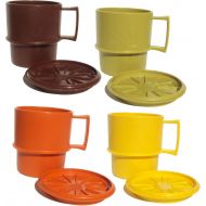 Vintage Tupperware Stackable coffee mugs with lids/coasters - Autumn Harvest - set of 4