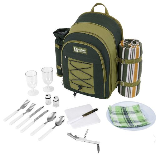  ALLCAMP OUTDOOR GEAR ALLCAMP 2 Person Blue Picnic Backpack Hamper with Cooler Compartment Includes Tableware & Fleece Blanket (Green)