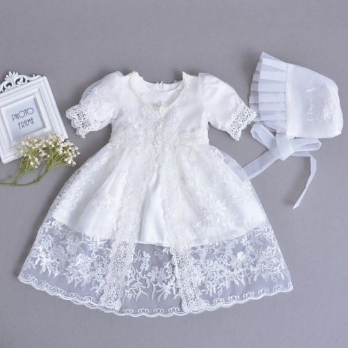  Romping House Baby Girls 3Pcs Organza Lace-Overlay Christening Gown Baptism Dress With Bonnet