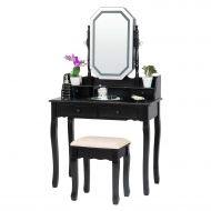 Fineboard FB-VT20-BN LED Lights Vanity Table Set with Stool, Mirror and 4 Drawers, Brown