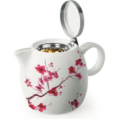  Tea Forte Pugg Ceramic Teapot Infuser Set with Loose Lea Tea Steeping Basket and Lid, Cherry Blossoms