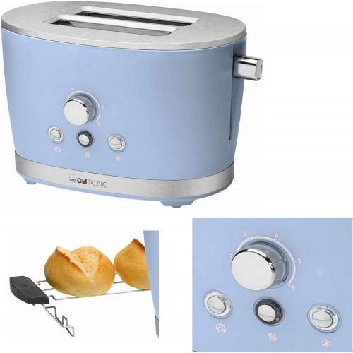  Clatronic Toaster mit Broetchenaufsatz Blau Edelstahl Regelbarer Thermostat (Retro, 850 Watt, 2 Toastschlitze, Kruemelschublade)