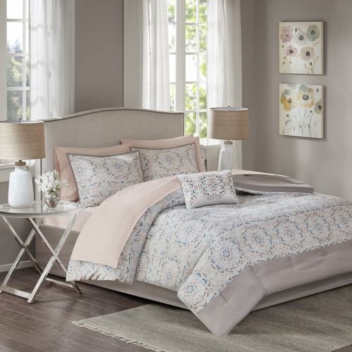  JLA Home INC Madison Park Essentials Voss Comforter Set Queen Size Bed in A Bag - Blush White, Geometric  9 Piece Bed Sets  Ultra Soft Microfiber Teen Bedding for Girls Bedroom