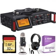 Tascam DR-70D 4-Channel Audio Recording Device for DSLR and Video Cameras + 32GB Memory Card + Studio Headphones + XLR Microphone