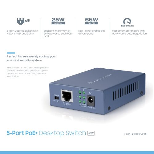  Amcrest AMPS5E4P-At-65 5-Port PoE+ Power Over Ethernet Poe Switch