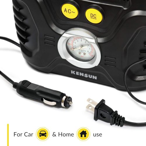  Kensun Portable Air Compressor Pump for Car 12V DC and Home 110V AC Swift Performance Tire Inflator 100 PSI for Car - Bicycle - Motorcycle - Basketball and Others with Analog Press