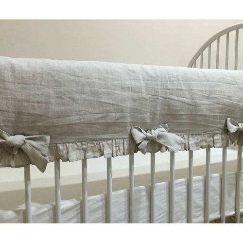  SuperiorCustomLinens Natural Linen Crib Rail Guard with ruffles, Crib Rail Cover for Teething, Handmade Bumperless Crib Bedding Set, Neutral Baby Bedding Set, FREE SHIPPING