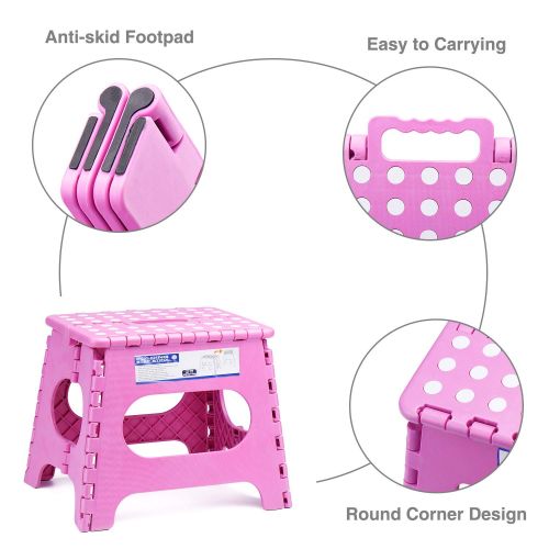  Acko Folding Step Stool Lightweight Plastic Step Stool - 11 Height - 2 Pack - Foldable Step Stool for Kids and Adults,Non Slip Folding Stools for Kitchen Bathroom Bedroom (Pink, 2