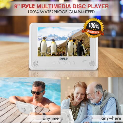  Pyle Portable Waterproof Multimedia Disc Player - 9inch Screen White Digital Audio Video Player w Dual Stereo Speakers, CD DVD Tray, RCA, USB, Rechargeable Battery, Headphone, Remote -