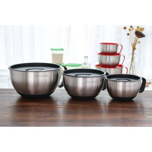  Rorence Stainless Steel Non-Slip Mixing Bowls With Pour Spout, Handle and Lid, Set of 3, Black