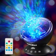 Ocean Wave Night Light Projector, Ohuhu Remote Control Projection lamp Rotation Northern Light Projector Mood Light, Upgraded 12 LED 7 Colors for Baby Nursery, Adults and Kids Chri