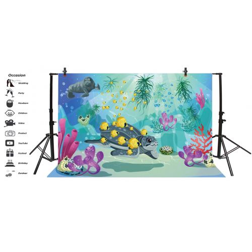  Leyiyi 10x8ft Photography Background Kids Happy Birthday Backdrop Cartoon Underwater World Sea Lives Tropical Fish Crab Turtle Rock Summer Party Banquet Baby Shower Photo Portrait