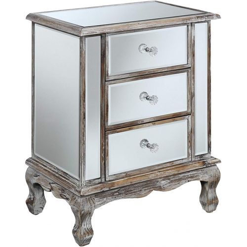  Convenience Concepts Gold Coast Vineyard 3 Drawer Mirrored End Table, Weathered White / Mirror