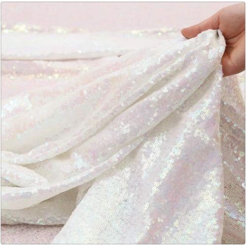  QueenDream White Iridescent Sequin Fabric Sequin Backdrop Fabric Sequin Overlay Sheer Fabric Glitz Table Linen DIY Party Dress Fabric