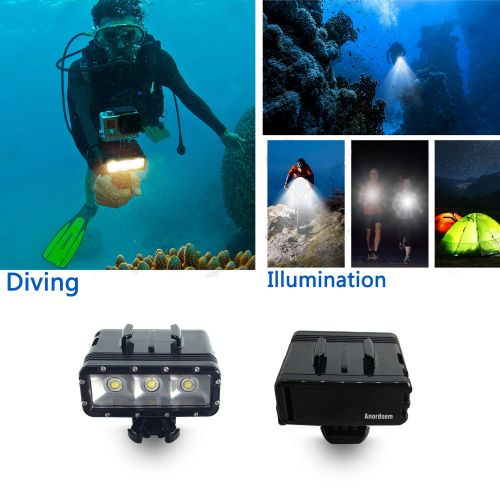  Anordsem Underwater Diving Light LED Video Light Waterproof LED Light for Gopro Hero 43+3SessionXiaomiSJ Action Cameras with Double Rechargeable Batteries Wide Angle Beam