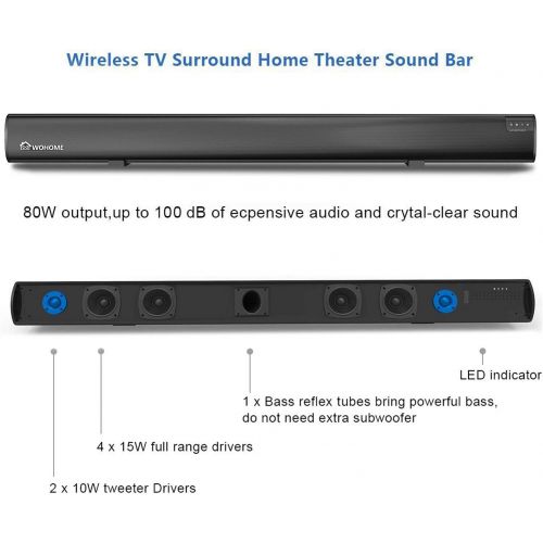  [아마존베스트]WOHOME Sound Bar Wohome TV Soundbar Home Theater Surround Wireless Bluetooth Speaker System with Remote Control 34 Inch 6 Drivers 80W 100 dB 2019 Updated Version Model S19