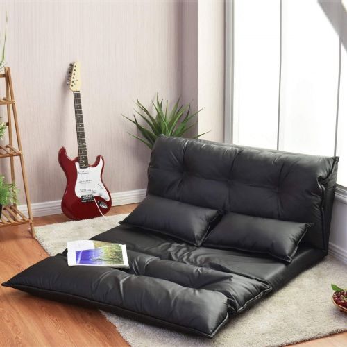 자이언텍스 Giantex Floor Sofa PU Leather Leisure Bed Video Gaming Sofa with Two Pillows, Black