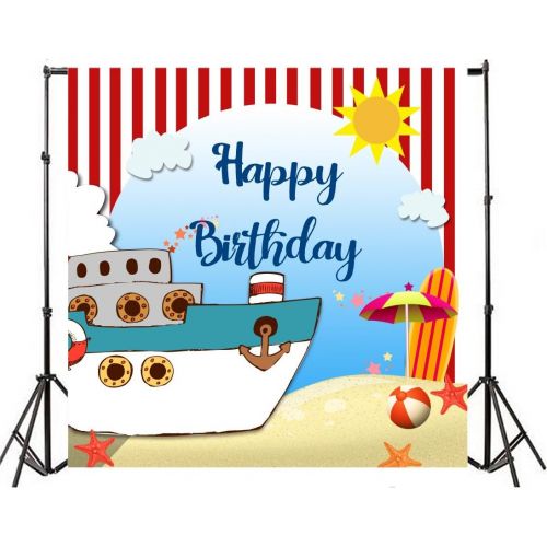  Yeele 8x8ft Happy Birthday Theme Party Photography Backdrops Vinyl Cartoon Cruise Ship Photo Background for Baby Girl Infant Adult Portrait Photo Booth Video Shoot Studio Props Wal