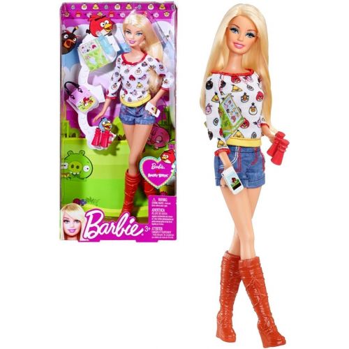 바비 Mattel Year 2012 Barbie Loves Angry Birds Series 12 Inch Doll - Camper BARBIE (Y8721) with Angry Birds Long Sleeve Shirt, Blue Shorts, Water Bottle, Smartphone, Binocular and Purse