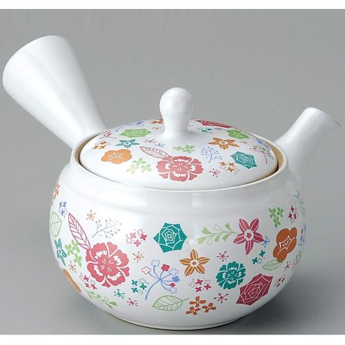  Yamakiikai japanische Keramik Kyusu Teekanne mit weissen Blumen und Edelstahlsieb FY1316 aus Japan+