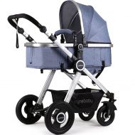 Cynebaby Newborn Baby Stroller Pram Stroller Folding Convertible Carriage Luxury Bassinet Seat Infant Pushchair with Foot Muff(Light Camel)