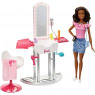 Barbie Metiers Coffret Salon de Beaute et de coiffure avec poupee brune et accessoires inclus, jouet pour enfant, FJB37