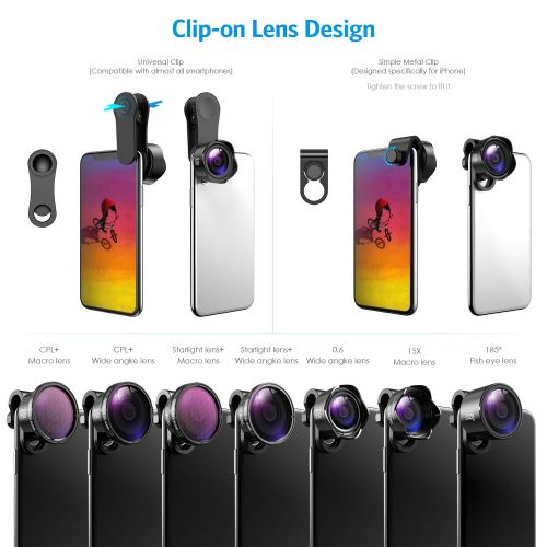  [Upgraed Version] AMIR Phone Camera Lens, 5 in 1 Cell Phone Lens Kit, 15X Macro Lens + 0.6X Wide Angle Lens, 185°Fisheye Lens + CPL + Starburst Lens for iPhone X877 Plus6s & Sa