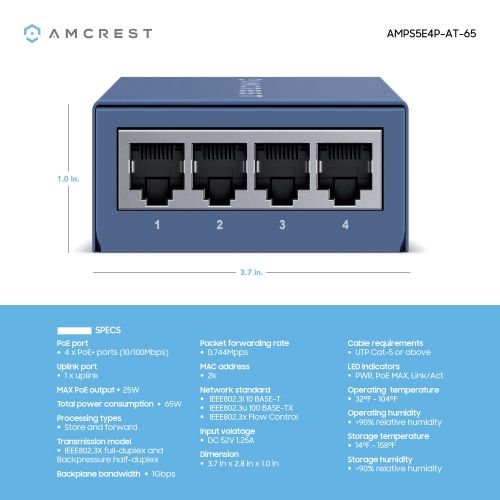  Amcrest AMPS5E4P-At-65 5-Port PoE+ Power Over Ethernet Poe Switch
