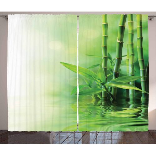  Ambesonne Asian Curtains, Bamboo Stalks Reflection on Water Blurs Freshness Japanese Nature Zen Spa, Living Room Bedroom Window Drapes 2 Panel Set, 108 W X 84 L Inches, Green Pale