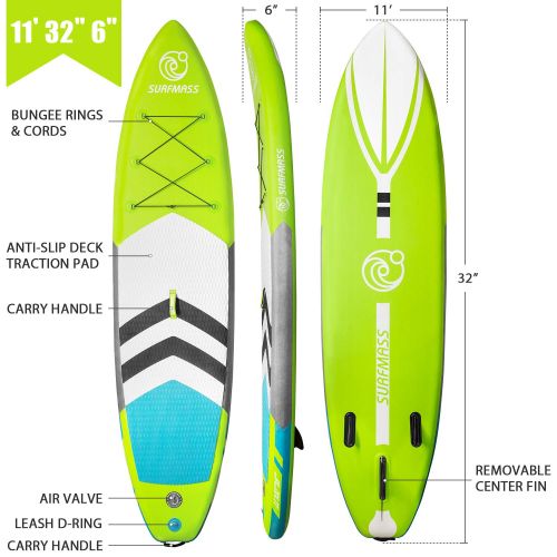 인플레터블 SURFMASS Inflatable SUP 11’ L x 6” T x 32” W Stand Up Paddle Board Stance iSUP with Adjustable Fiberglass Paddle, Dual Chamber Hand Pump, Wheeled Travel Backpack, Safety Ankle Leas