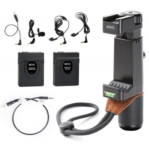  Movo 2.4GHz Wireless Lavalier Microphone + Video Grip Rig Bundle for iPhone X, 8, 7, 7 Plus, 6S, 6, 5, 5S, Samsung GalaxyNote, Android Smartphones