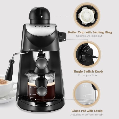  AICOOK Espresso Machine, Aicook 3.5Bar Espresso Coffee Maker, Espresso and Cappuccino Machine with Milk Frother, Espresso Maker with Steamer, Black