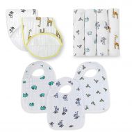 aden + anais Classic Swaddle Jungle Jam Collection, 100% Cotton Muslin, 4 Pack Swaddle, 3 Pack Snap Bib, 2 Pack Burpy Bib